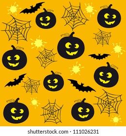 Seamless yellow background for Halloween with pumpkins and bats