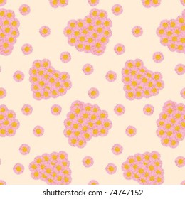 Seamless yellow background with hearts from pink daisies