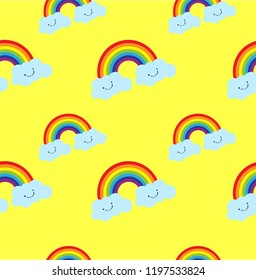 Seamless yellow background on cute rainbow vector pattern