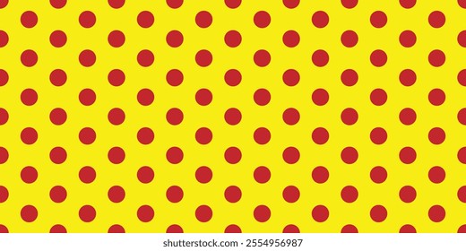 Seamless yellow background with polka dots. Abstract pattern background with red colored circles. Repeating texture for wallpaper, packaging, fabric print. Vector illustration