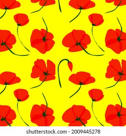 Seamless yellow background with red poppies.