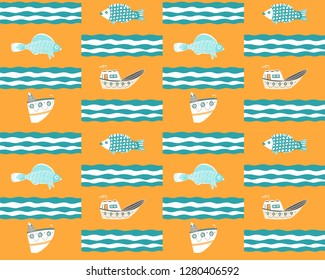 Seamless yellow background with ships, fish and waves. Cute seamless vector pattern background with vessel and fishes