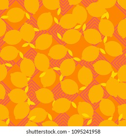 Seamless yellow background in tropical fruit and palm leaves. Cute cartoon. Vector illustration. Textile rapport.