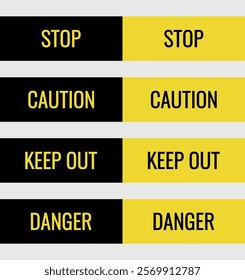 Seamless yellow and black caution Tapes with Stop, Keep Out, Danger and Caution Text. Perfect for warning signs, construction themes, safety projects, and hazardous zone designs