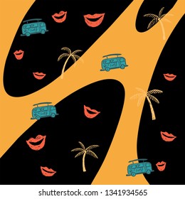 Seamless yellow and black drop pattern with lips, bus and palm trees