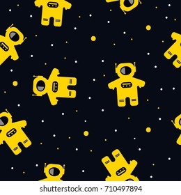 Seamless yellow and black pattern with astronaut flying in space. Print for t-shirts, wrapping, textile, fabric. Vector illustration