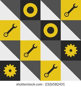 Seamless yellow black wrench, gear and shapes on check pattern. Ready template for design, postcards, print, poster, party, mechanic work, handcraft, vintage textile. Vector.