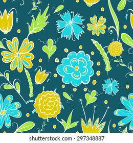 Seamless yellow and blue flower pattern on blue background.