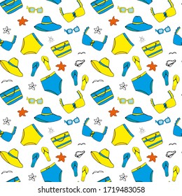 Seamless yellow blue pattern with summer beach accessories. Endless texture with summer objects for your design 