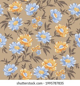 seamless yellow and blue vector flower Pattern on brown background