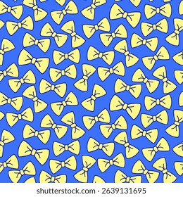 Seamless yellow bow pattern on blue background. Fun, girly, and playful design, great for kids' products, fabric, gift wrap, and digital paper.