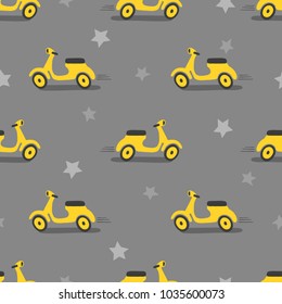 Seamless yellow cartoon scooters pattern. Vector road illustration for kids design.