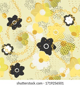 Seamless yellow color pattern with jewelry chains and abstract flowers. Trendy texture for fabric, clothing, paper. Floral background with jewelry, plant print. Vector illustration