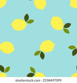 Seamless yellow cute cartoon lemons with leaves patterns design. Vector fruit kids repeat pattern backgrounds for paper, fabric, gift wrap, wall art, interior decoration, card, paper gift, phone case.