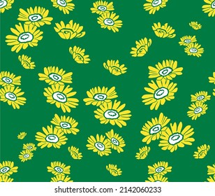 Seamless yellow daisies pattern. Vector drawing isolated on green background.
