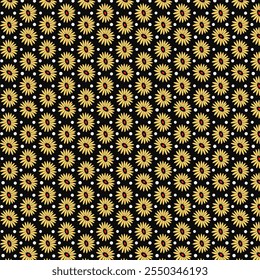 Seamless Yellow Daisy Floral Pattern on Black Background. Retro Daisy Inspired Pattern for Textile, Digital Use and print.