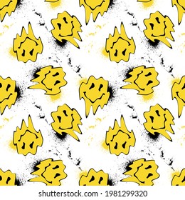 Seamless yellow distorted melting smiley face illustration pattern with graffiti splash for fabric - wallpaper or wrapping paper