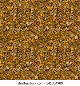 Seamless yellow doodle texture with waves and spirals. Endless bright decorative pattern. template for design and decoration
