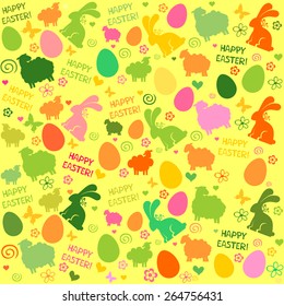 Seamless yellow Easter pattern with eggs, rabbit, flowers on white background. Vector Illustration 