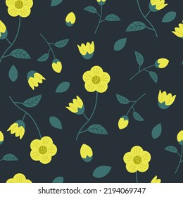 Seamless yellow floral pattern with dark background. Suitable for textile, fabric, wrapping, wallpaper, clothing