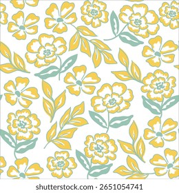 Patrón floral amarillo inconsútil en el fondo blanco, ramos florales de la primavera. Ilustración botánica de Antiguas. Decoración elegante para cualquier tipo de diseño.