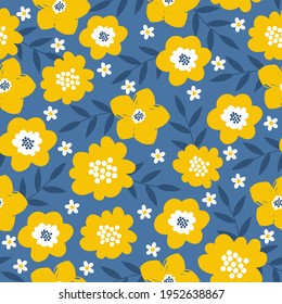 nahtlos gelbes Blumenmuster auf blauem Hintergrund