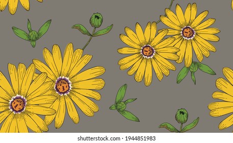 seamless yellow flower pattern. vector design for fashion,fabric,wallpaper and all prints on green background earth tone color.Tropical botanical Motifs.