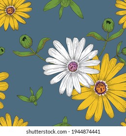 seamless yellow flower pattern. vector design for fashion,fabric,wallpaper and all prints on green background earth tone color.Tropical botanical Motifs.