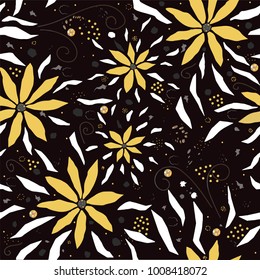 Seamless yellow flower pattern with white leaves on dark grungy background. Vector Illustration. 