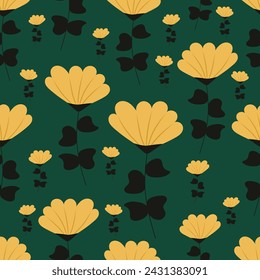 Seamless yellow flowers pattern on isolated green background. Flat style. For prints, wallpapers, wrapping paper.