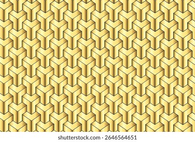 Seamless yellow geometric pattern with 3D hexagonal cubes, creating an optical illusion of depth. Modern, vibrant, and suitable for wallpapers or textiles.