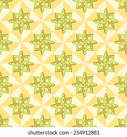 Seamless yellow geometric pattern with green decorative elements. Vector illustration