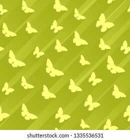 Seamless yellow green abstract background of butterflies with stripes of light behind.