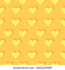Seamless yellow heart pattern on soft background. Seamless pattern with yellow hearts on a light yellow background. Romantic and cute design