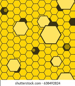 Seamless yellow hexagonal honeycomb pattern with floating cells for background.