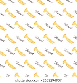 Padrão de bronze musical de trompete de jazz amarelo sem costura. Ideal para músicos, amantes de jazz e designers criativos que buscam um padrão musical único.