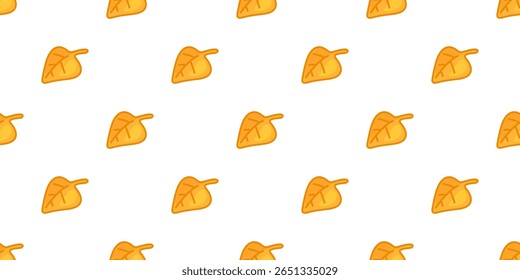 Seamless Yellow Leaf Autumn Pattern. Simple yellow cartoon leaves scattered on white background in a minimal fall-themed seamless pattern. Flat and cheerful seasonal design.