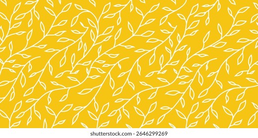 Seamless yellow leaf outline pattern. Elegant botanical vector background for packaging, fabric, wallpaper, wrapping paper, stationery, wedding design, and nature-inspired projects.
