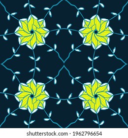Seamless with yellow Leaves Pattern, Greeting Card, Gift Box, Textile Printing. Vector on blue Background.