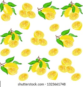 Seamless yellow lemon pattern. Yellow on white background.
