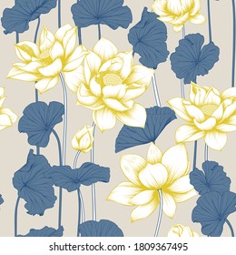 Seamless Yellow Lotus Flowers  with Bluish Leaves on retro Background for Fabric and Decorative Patterns