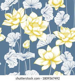 Seamless Yellow Lotus Flowers  with White Leaves with blue lines on bluish Background for Fabric and Decorative Patterns