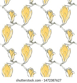 Seamless with yellow magnolia flowers in vintage style on white background. Hand drawing watercolor pattern. Vector line art illustration.