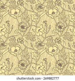 Seamless yellow natural pattern with flowers and wheat. Outline summer wallpaper.