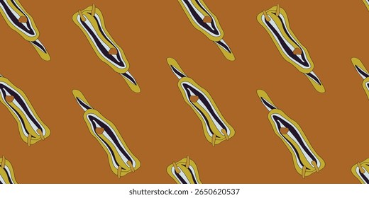 Seamless yellow Nudibranchs pattern on orange background. Vector illustration. Sea animals, underwater  wild life. Childish clothes design. Baby educate. 