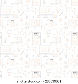 Seamless yellow pattern background with icons in lines style for design and computer work