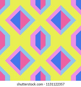 Seamless yellow pattern with blue and pink geometric shapes.