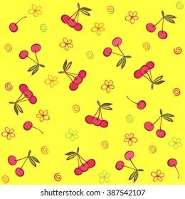 Seamless yellow pattern with cherries. Summer fruit illustration. Vector illustration