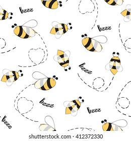 Seamless yellow pattern with cute insects. Bee texture on the white background for textile or fabric design.