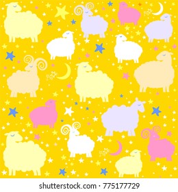 Seamless yellow pattern with cute sheep, moon, clouds, stars. Pastel colors. Childish background. Vector illustration